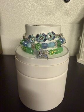 Blue & Green Crystal Stretch Bracelet Set with Hummingbird Charm - Women Jewelry